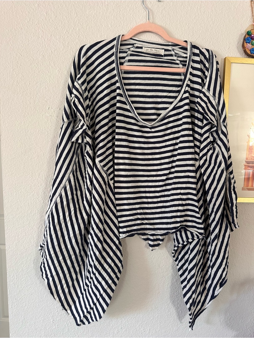 We the Free L Navy and White Striped Flowy Tunic Top